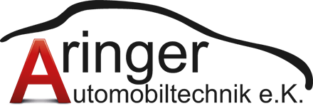 Das Logo zeigt ein rotes A und darunter die Worte Aringer Automobiltechnik e.K. unter einer schwarzen Auto-Umrisslinie