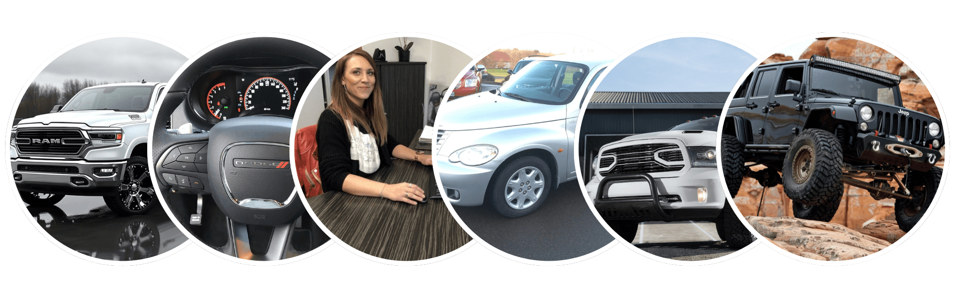 Eine Collage mit RAM, Dodge, einer Frau am Schreibtisch, Chrysler, Jeep SUV-Front und Jeep beim Offroad-Fahren im runden Rahmen