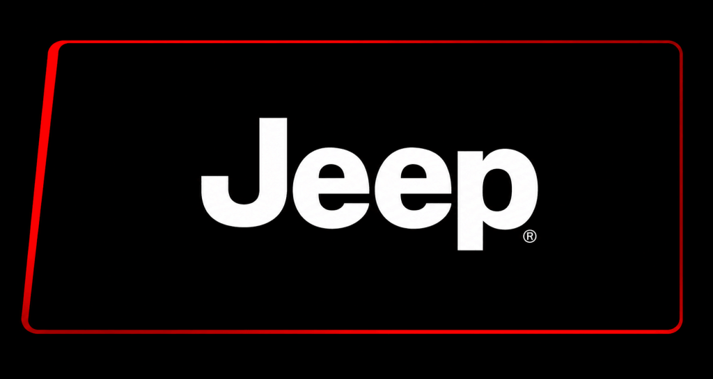 Weißes Jeep-Logo in fetten Buchstaben auf schwarzem Hintergrund, umgeben von einem schmalen, schrägen roten Rahmen