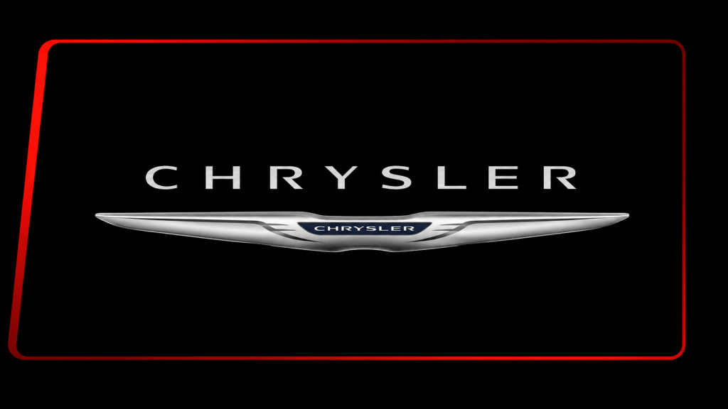 Das Chrysler-Logo und -Emblem auf schwarzem Hintergrund mit einem rot umrandeten Rand