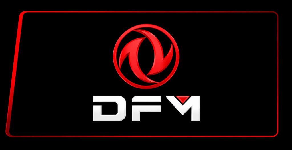DFM-Logo mit weißen, fetten Buchstaben und einem roten, kreisförmigen Wirbel darüber auf schwarzem Hintergrund mit rotem Rand